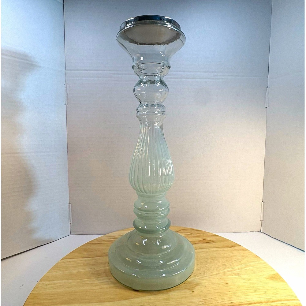Clear Green Art Glass Candle Holder w/ Metal Rim, 15.25in, Pillar Candle
